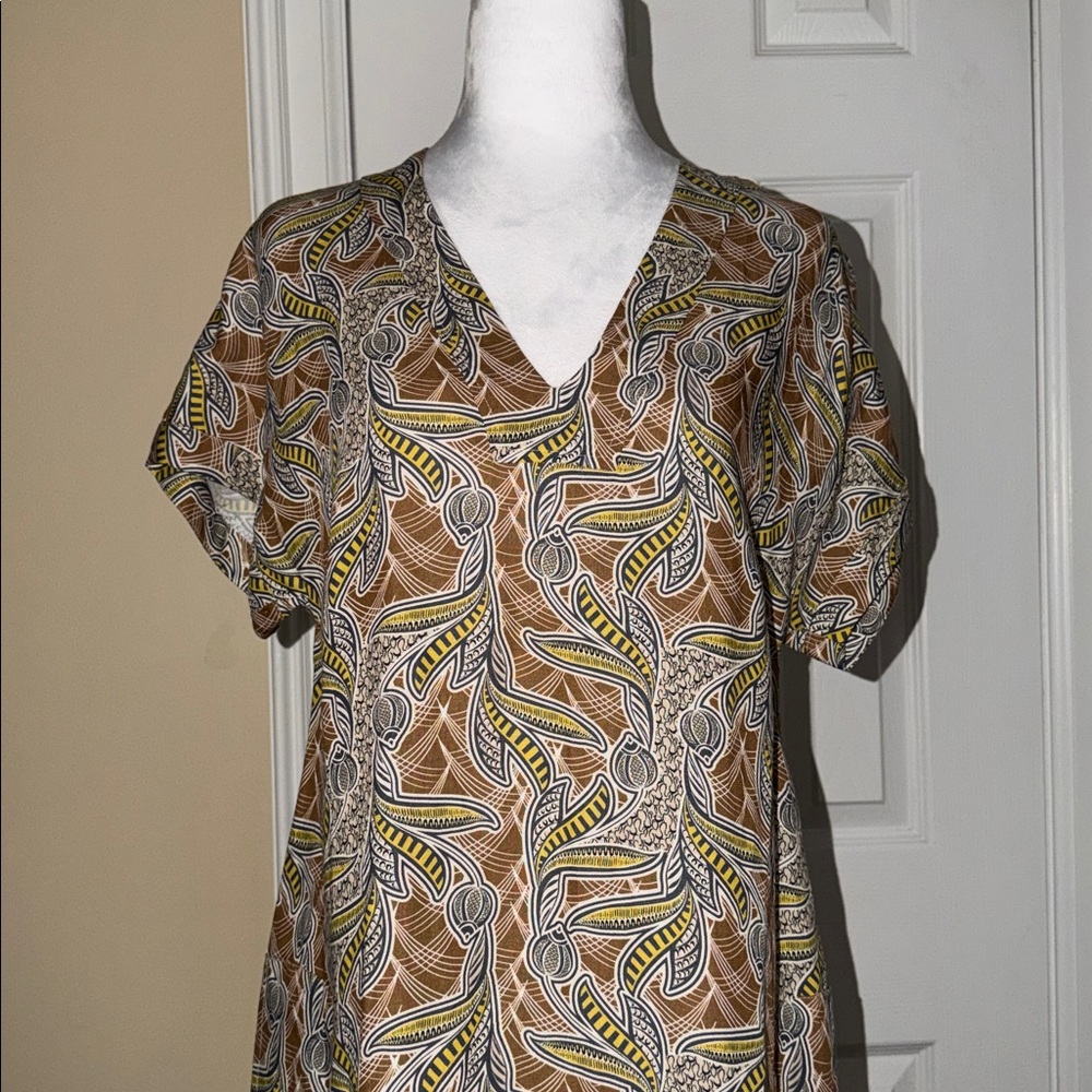 Nathalie Vleeschouwer dress V-neckline unique, earthy abstract floral pattern XS - Picture 3 of 9